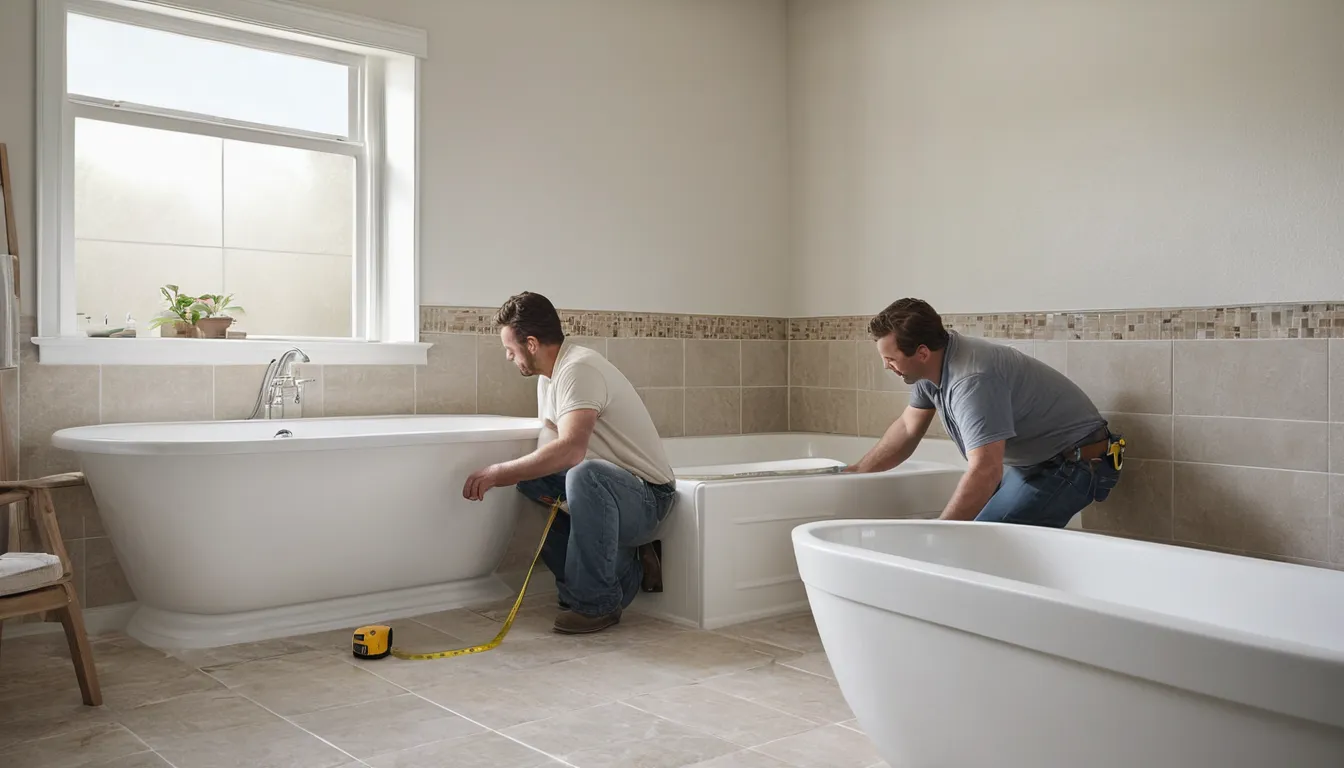 A provider measuring a bathroom for a tub-to-shower conversion in the Saginaw area