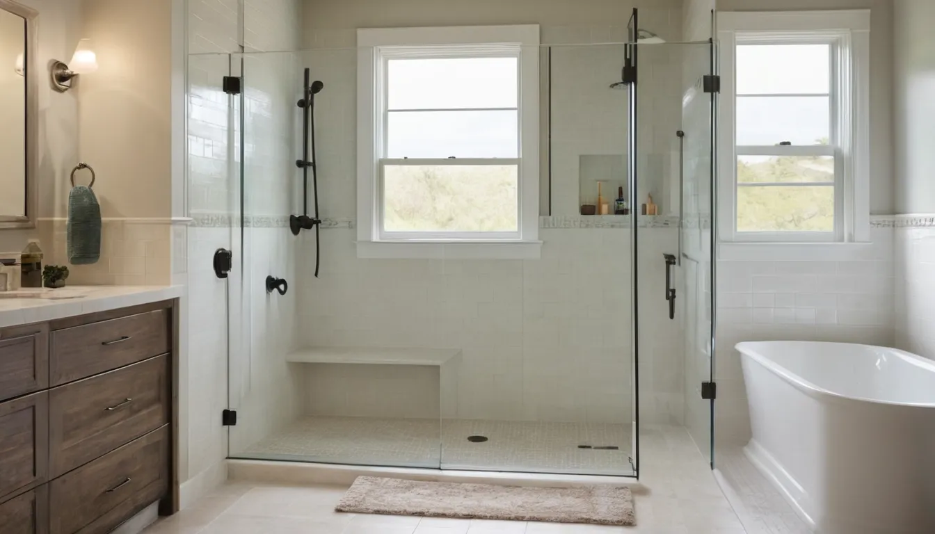 Homeowner admiring a newly converted low-threshold walk-in shower in a Saginaw bathroom